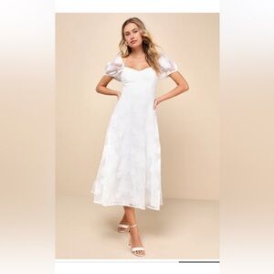 Lulus Sweetest Behavior White Embroidered Puff Sleeve Midi Dress
